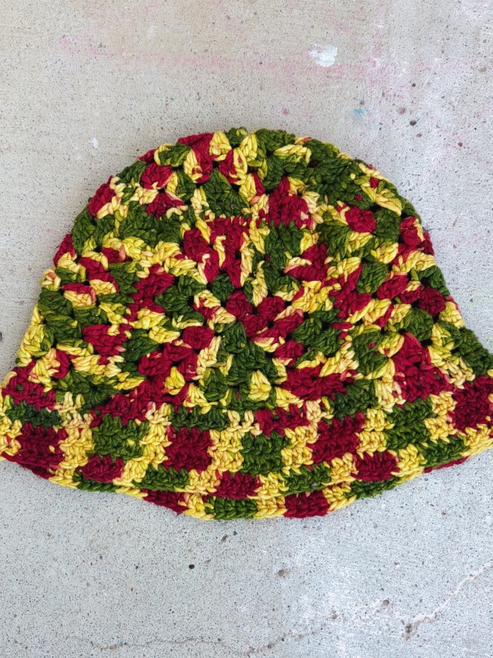 Handmade Crocheted Granny Square Bucket Hat in Maroon, Green, and Yellow
